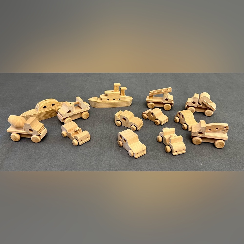 13 VTG Miniature Wooden Motorized Equipment